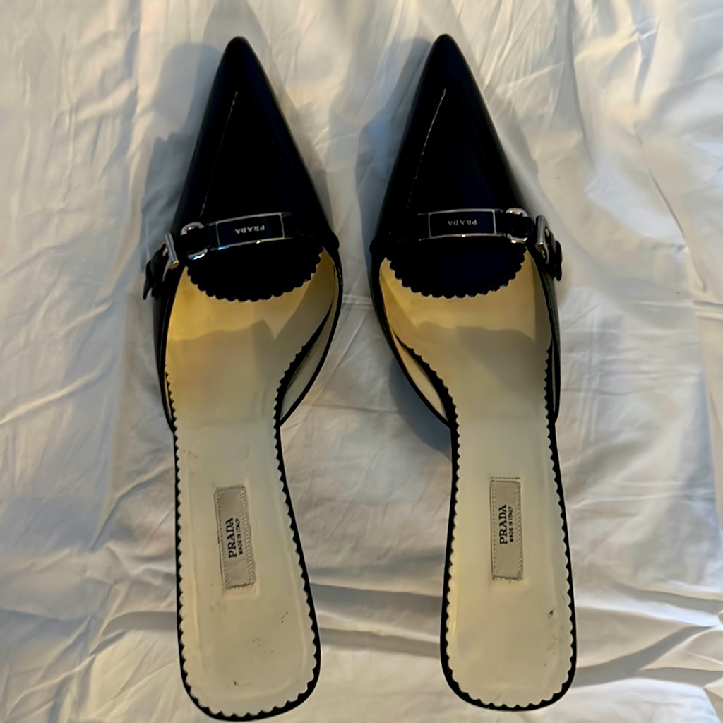 Black Leather Prada Slip On Mules.